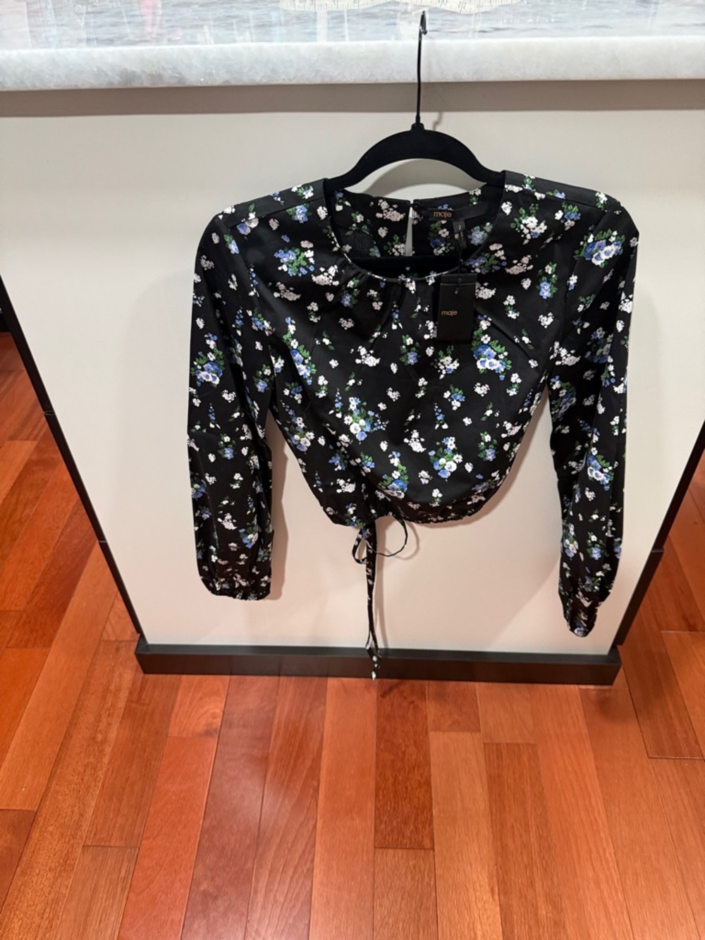 Maje Black Floral Drawstring Long-Sleeve Crop Top